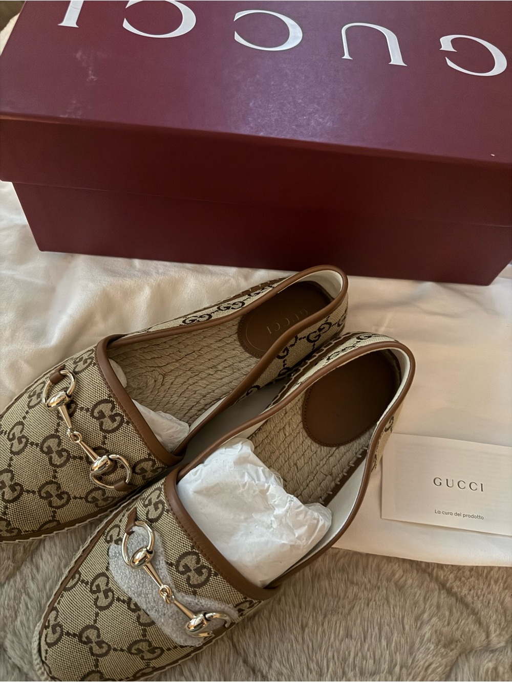 Gucci Beige GG Canvas Horsebit Loafers with Brown Trim